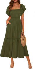 Womens Summer Casual Smocked Flowy Midi Dress | Square Neck, Ruffle Short Sleeve A Line Dress, High Waist Flowy Dresses with Pockets, Tiered Long Sundress, Wedding Guest