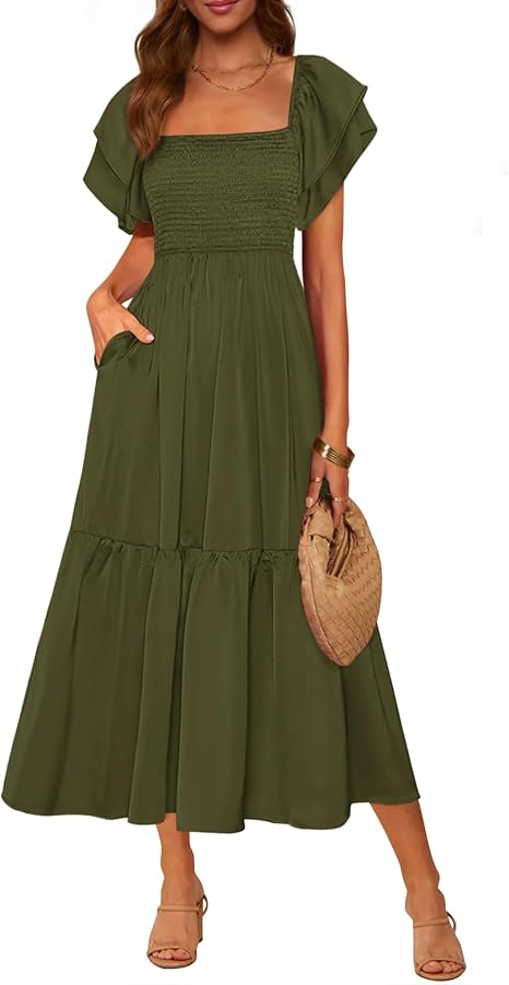 Womens Summer Casual Smocked Flowy Midi Dress | Square Neck, Ruffle Short Sleeve A Line Dress, High Waist Flowy Dresses with Pockets, Tiered Long Sundress, Wedding Guest