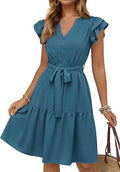 Women 2026 Knee Length | Flutter Sleeve, Button Up V Neck, Cute Ruffle Flowy Tiered, Tie Waist, Loose Fit, Casual Everyday, Beach Vacation Sundress
