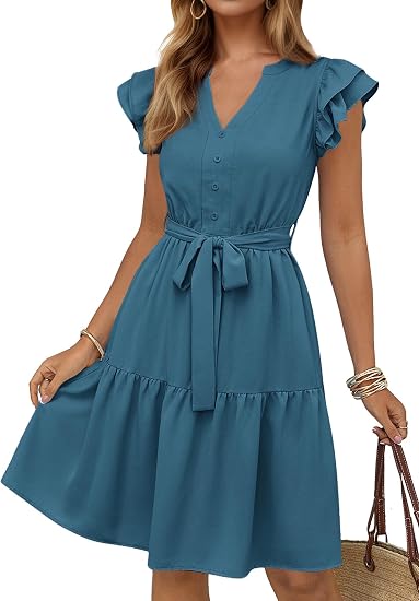 Women 2026 Knee Length | Flutter Sleeve, Button Up V Neck, Cute Ruffle Flowy Tiered, Tie Waist, Loose Fit, Casual Everyday, Beach Vacation Sundress
