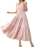 Women's 2026 Spaghetti Straps Casual Summer Off the Cold Shoulder Elastic High Waist Long A Line Formal Boho Vocation Dress