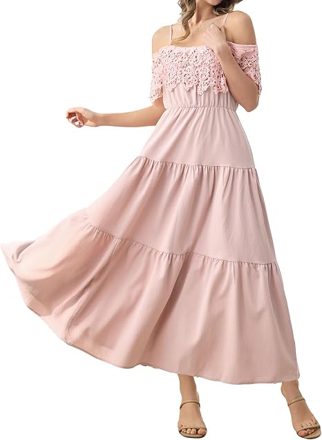 Women's 2026 Spaghetti Straps Casual Summer Off the Cold Shoulder Elastic High Waist Long A Line Formal Boho Vocation Dress